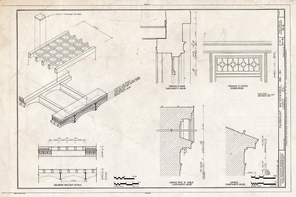 Blueprint 34. Aquarium, caretaker's house, and engine house details - Fairmount Waterworks, East bank of Schuylkill River, Aquarium Drive, Philadelphia, Philadelphia County, PA