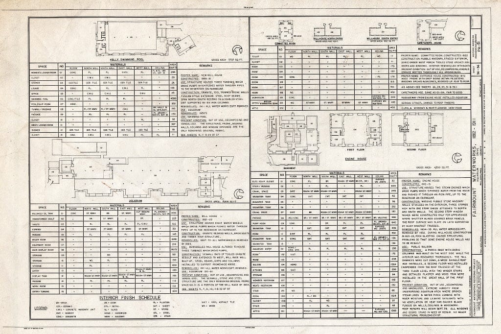 Blueprint 36. Interior Finish Schedule - Fairmount Waterworks, East Bank of Schuylkill River, Aquarium Drive, Philadelphia, Philadelphia County, PA