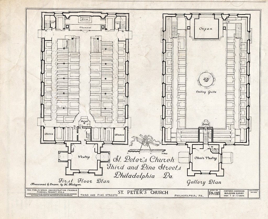 Blueprint First Floor Plan, Gallery Plan - St. Peter's Protestant Episcopal Church, Third & Pine Streets, Philadelphia, Philadelphia County, PA