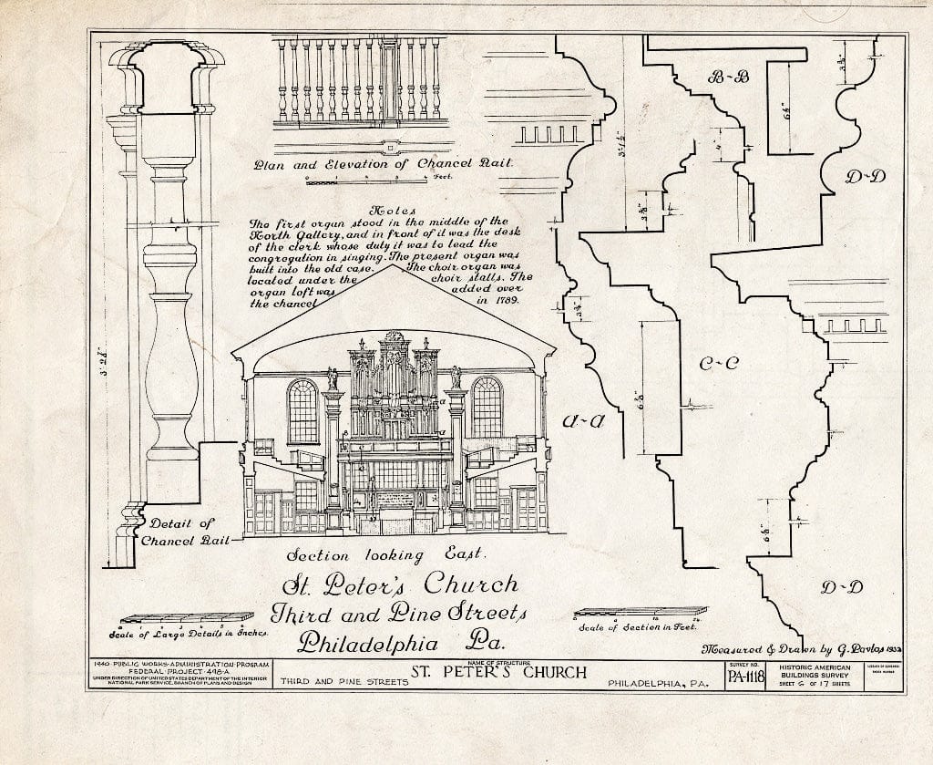 Blueprint Details of Chancel Rail; Section Looking East - St. Peter's Protestant Episcopal Church, Third & Pine Streets, Philadelphia, Philadelphia County, PA