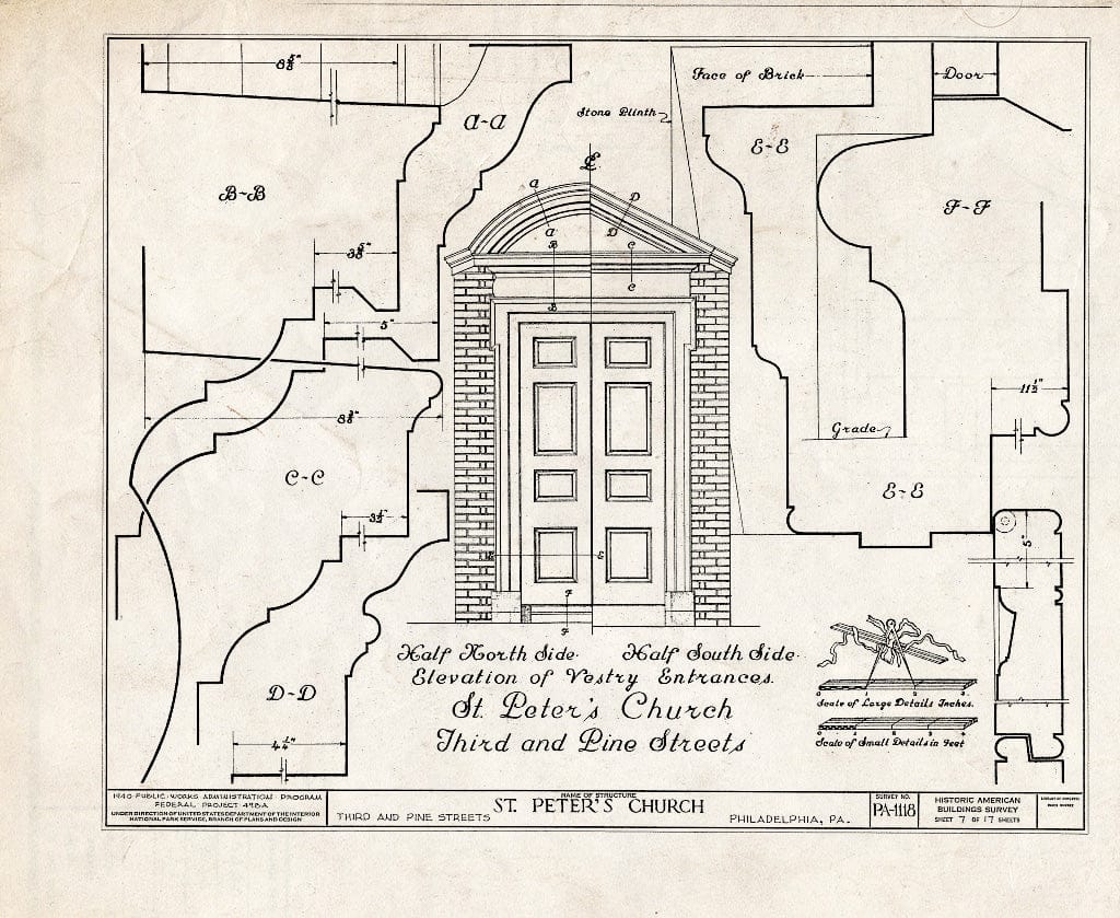 Blueprint Elevation of Vestry Entrance - St. Peter's Protestant Episcopal Church, Third & Pine Streets, Philadelphia, Philadelphia County, PA