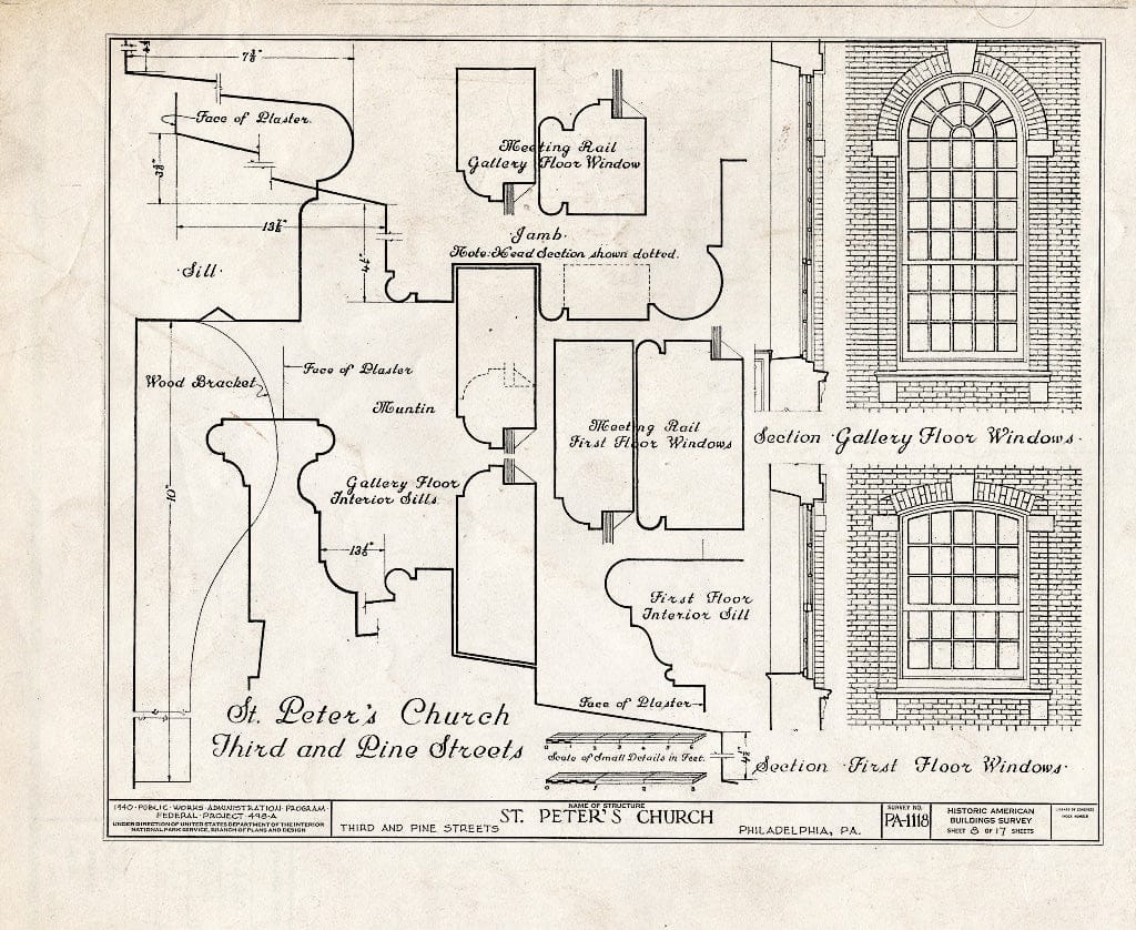 Blueprint Gallery Floor and First Floor Windows Sections; Details - St. Peter's Protestant Episcopal Church, Third & Pine Streets, Philadelphia, Philadelphia County, PA