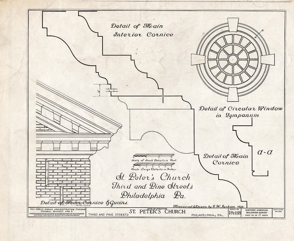 Blueprint Details of Main Cornice; Detail of Circular Window in Tympanium - St. Peter's Protestant Episcopal Church, Third & Pine Streets, Philadelphia, Philadelphia County, PA