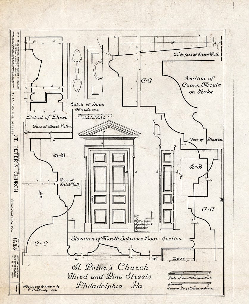 Blueprint Elevation of North Entrance Door; Details - St. Peter's Protestant Episcopal Church, Third & Pine Streets, Philadelphia, Philadelphia County, PA