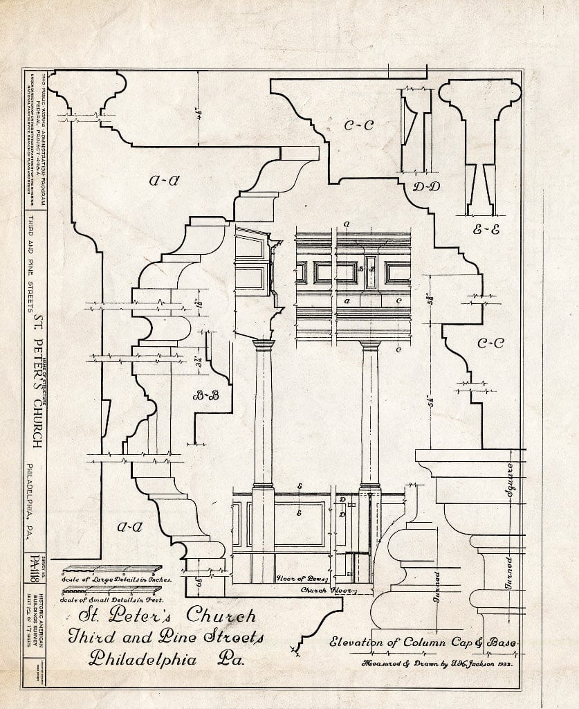 Blueprint Elevation of Column Cap & Base; Details - St. Peter's Protestant Episcopal Church, Third & Pine Streets, Philadelphia, Philadelphia County, PA