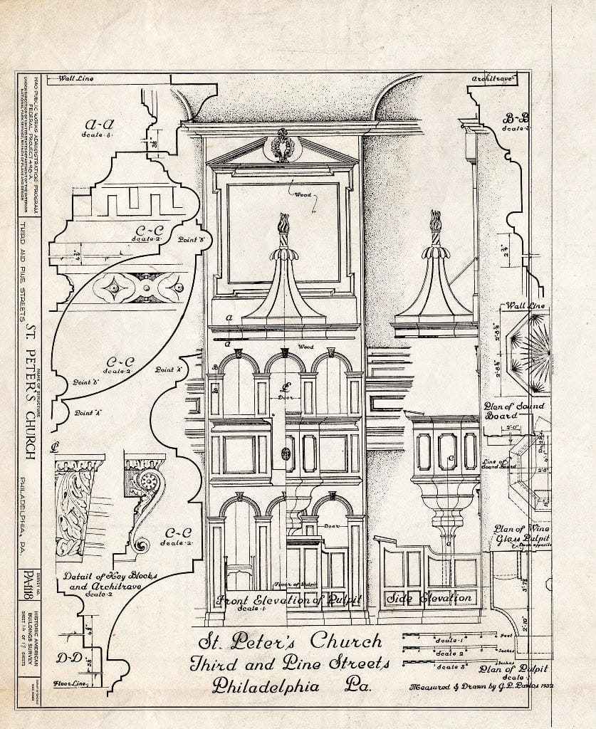 Blueprint Front Elevation of Pulpit; Side Elevation; Details - St. Peter's Protestant Episcopal Church, Third & Pine Streets, Philadelphia, Philadelphia County, PA