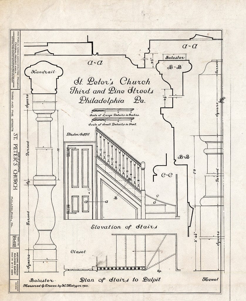 Blueprint Elevation of Stairs; Plan of Stairs to Pulpit; Details - St. Peter's Protestant Episcopal Church, Third & Pine Streets, Philadelphia, Philadelphia County, PA