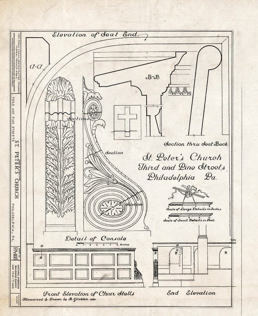 Blueprint Front Elevation of Choir Stalls; End Elevation; Details - St. Peter's Protestant Episcopal Church, Third & Pine Streets, Philadelphia, Philadelphia County, PA