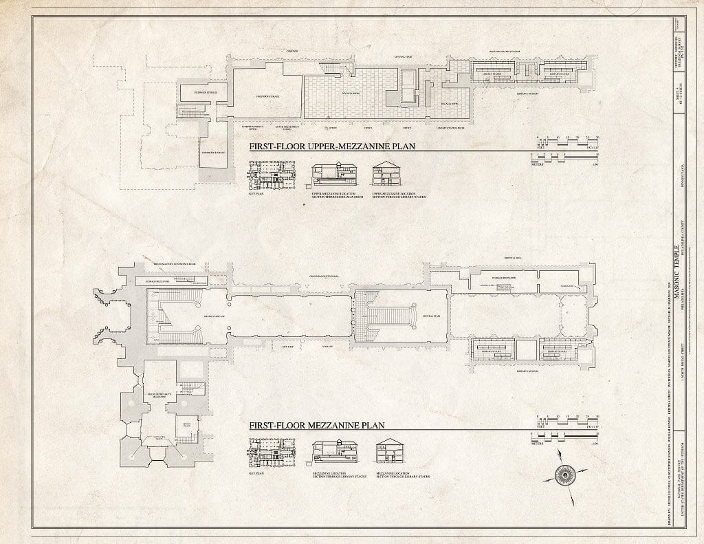 Blueprint First Floor Upper-Mezzanine Plan and First Floor Mezzanine Plan - Masonic Temple, 1 North Broad Street, Philadelphia, Philadelphia County, PA