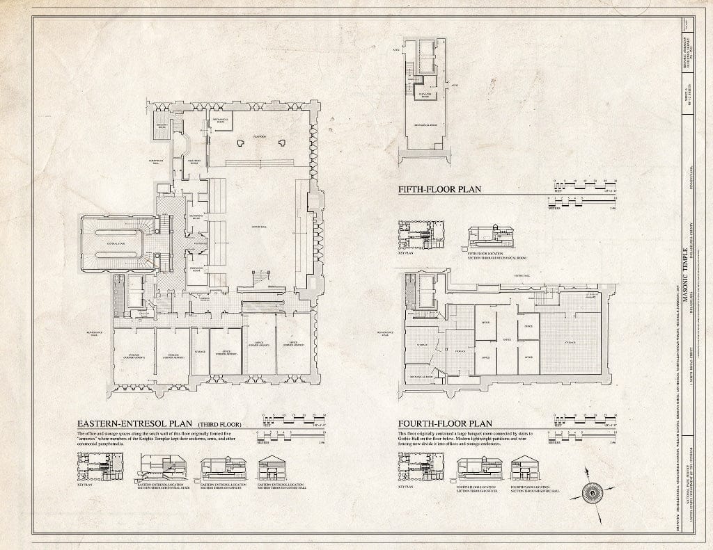 Blueprint Eastern Entresol Plan (Third Floor), Fourth Floor Plan, and Fifth Floor Plan - Masonic Temple, 1 North Broad Street, Philadelphia, Philadelphia County, PA