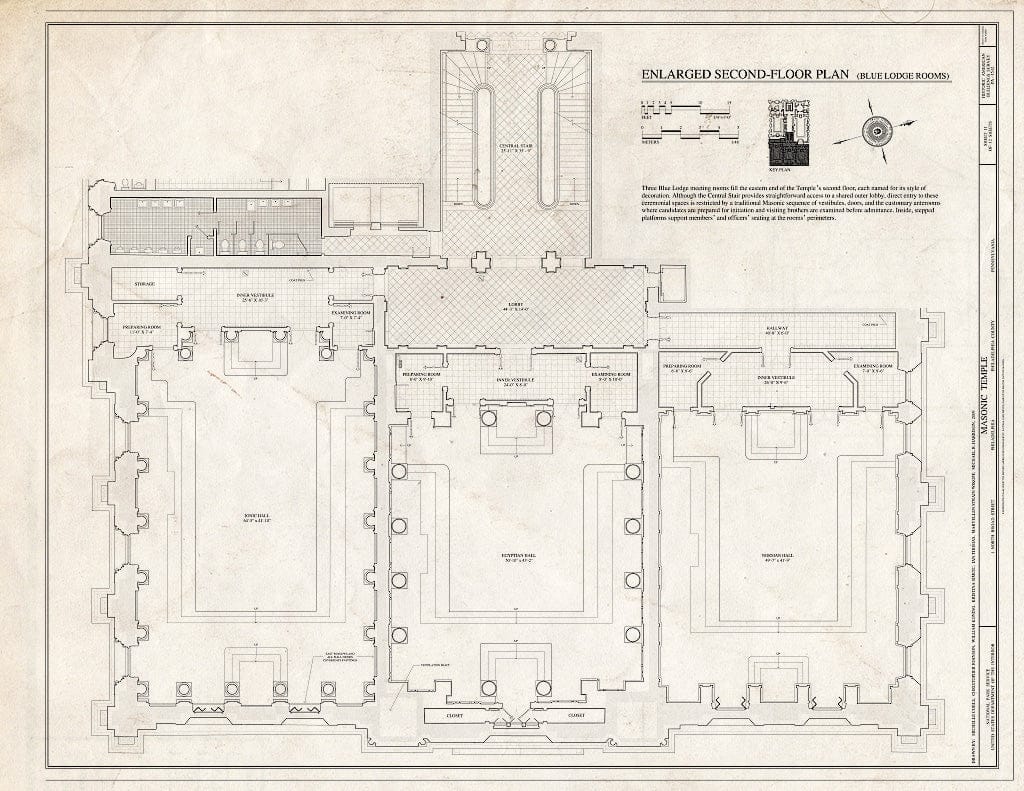 Blueprint Enlarged Second-Floor Plan (Blue Lodge Rooms) - Masonic Temple, 1 North Broad Street, Philadelphia, Philadelphia County, PA