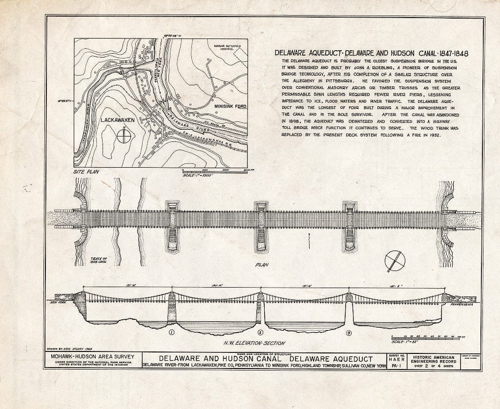 Blueprint Delaware and Hudson Canal: Delaware and Lackawaxen Confluence, 1849 - Delaware & Hudson Canal, Delaware Aqueduct, Spanning Delaware River, Lackawaxen, Pike County, PA