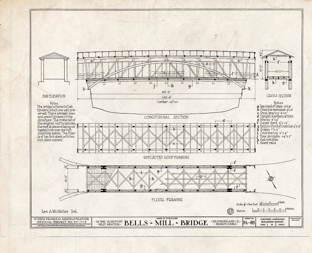 Blueprint End Elevation, Longitudinal Section, Cross Section, Reflected Roof Framing, Floor Framing - Bells Mill Bridge, Sewickley Creek, West Newton, Westmoreland County, PA