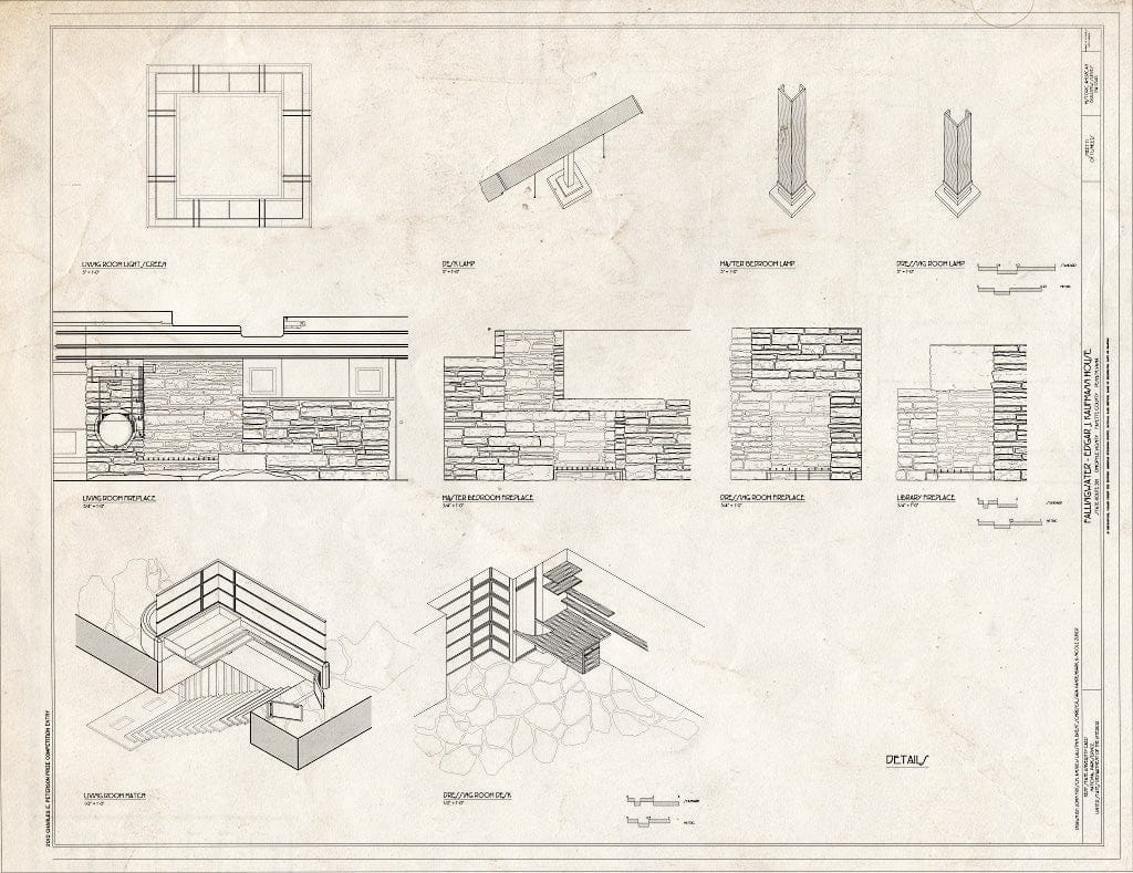 Blueprint Details of Fireplaces, Living Room Hatch, Dressing Room Desk and Lamps - Fallingwater, State Route 381 (Stewart Township), Ohiopyle, Fayette County, PA