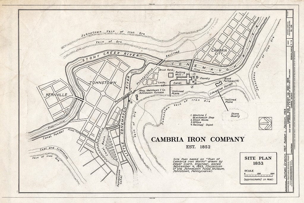 Blueprint Cambria Iron Company, Site Plan 1853 - Cambria Iron Company, East Side of Conemaugh River, Johnstown, Cambria County, PA