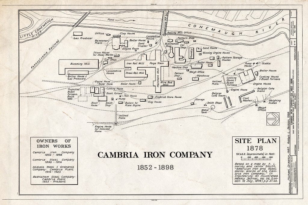 Blueprint Cambria Iron Company, Site Plan 1878 - Cambria Iron Company, East Side of Conemaugh River, Johnstown, Cambria County, PA