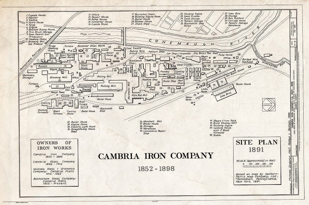 Blueprint Cambria Iron Company, Site Plan 1891 - Cambria Iron Company, East Side of Conemaugh River, Johnstown, Cambria County, PA