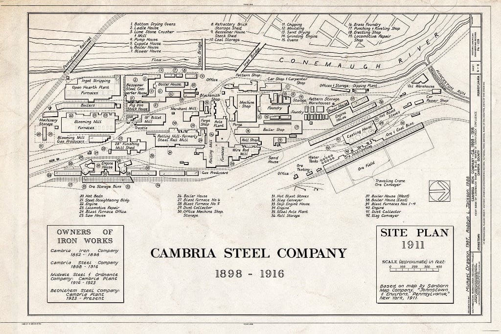 Blueprint Cambria Steel Company, Site Plan 1911 - Cambria Iron Company, East Side of Conemaugh River, Johnstown, Cambria County, PA