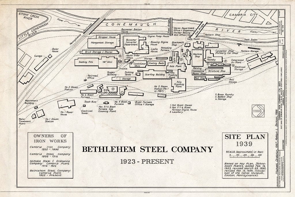 Blueprint Bethlehem Steel Company, Site Plan 1923 - Cambria Iron Company, East Side of Conemaugh River, Johnstown, Cambria County, PA