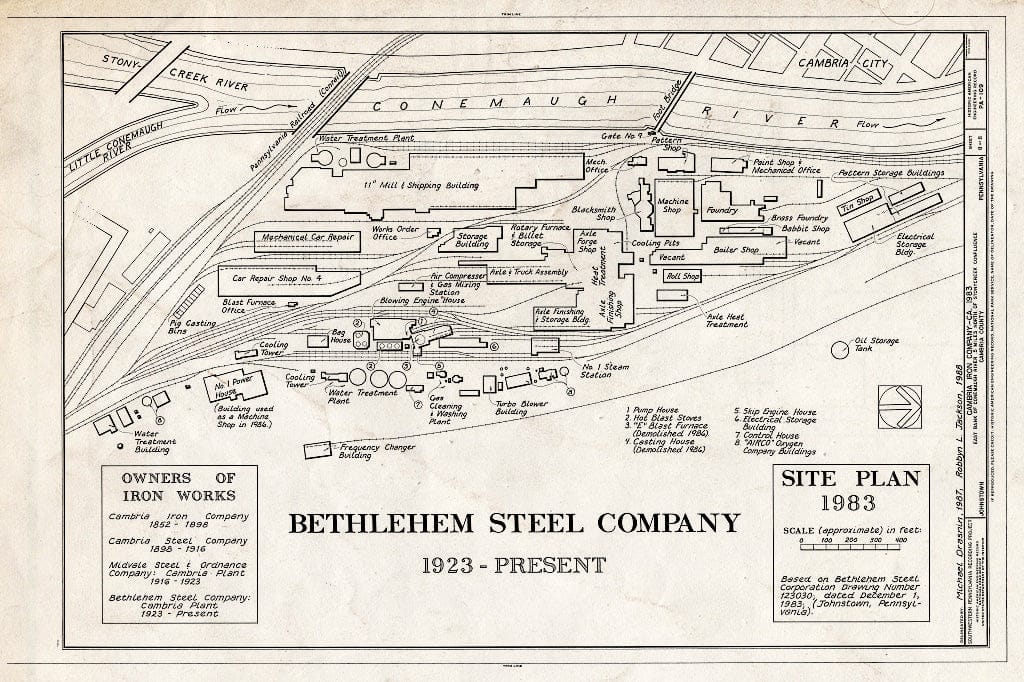 Blueprint Bethlehem Steel Company, Site Plan 1983 - Cambria Iron Company, East Side of Conemaugh River, Johnstown, Cambria County, PA