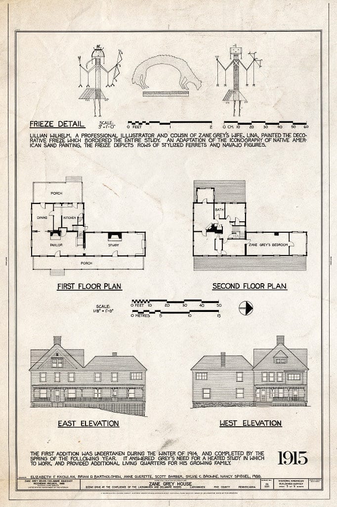 Blueprint First Floor Plan, Second Floor Plan, East Elevation, West Elevation, Frieze Detail, 1915 - Zane Grey House, West Side of Scenic Drive, Lackawaxen, Pike County, PA