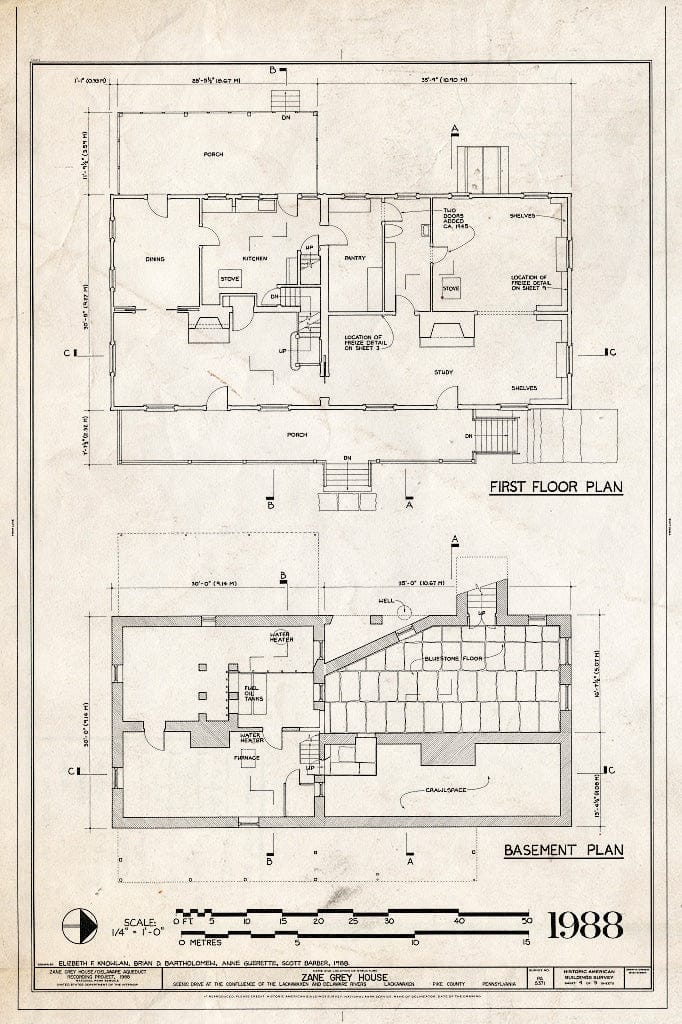 Blueprint First Floor Plan, Basement Plan, 1988 - Zane Grey House, West Side of Scenic Drive, Lackawaxen, Pike County, PA