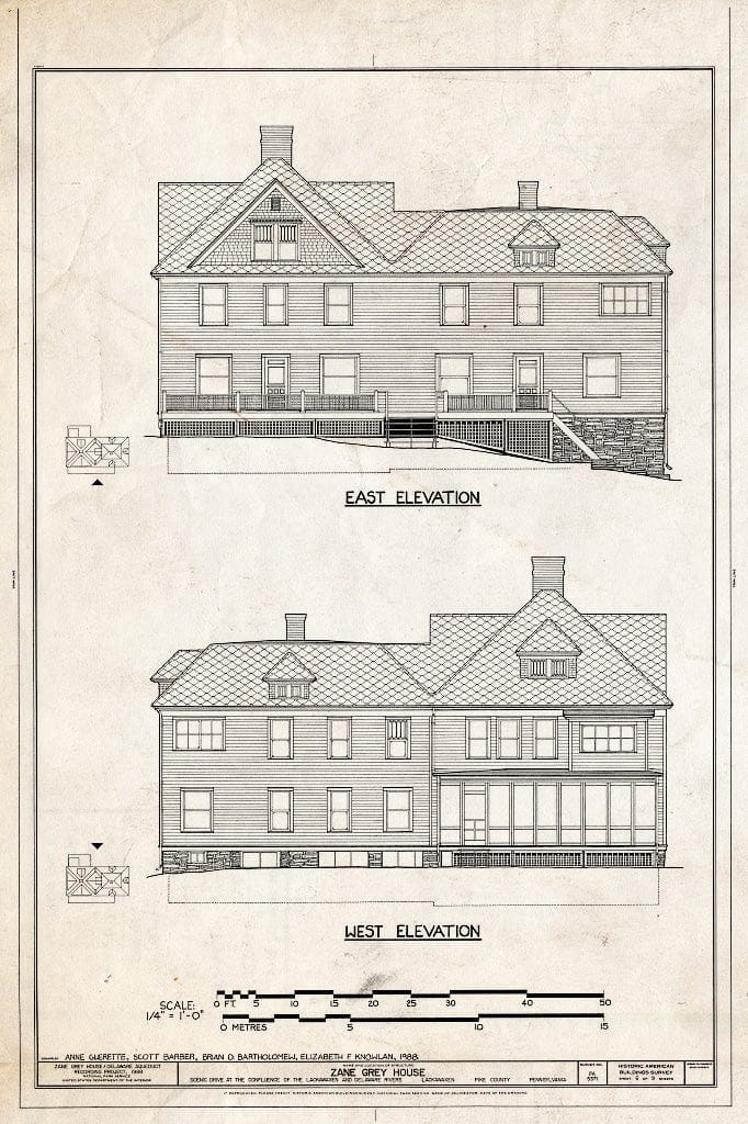 Blueprint East Elevation, West Elevation - Zane Grey House, West Side of Scenic Drive, Lackawaxen, Pike County, PA