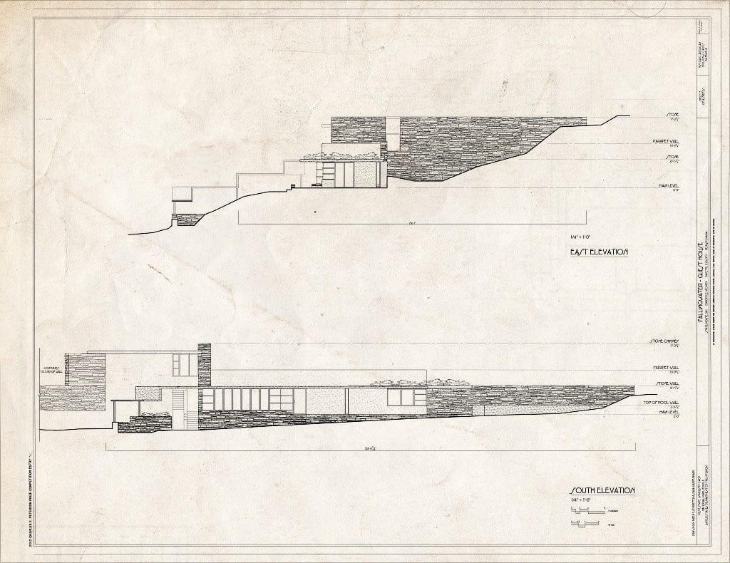 Blueprint East & South Elevations - Fallingwater, Guest House, State Route 381 (Stewart Township), Ohiopyle, Fayette County, PA