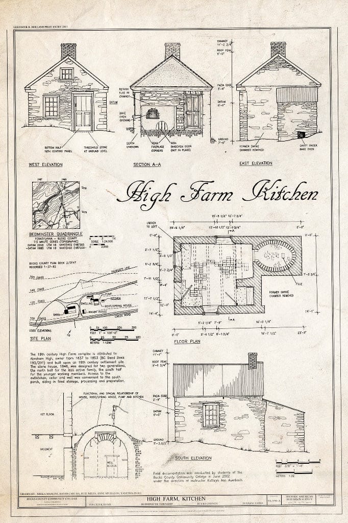 Blueprint East, West, and South elevations, Plan, Section, site Plan - High Farm, Kitchen, Creek Road, 1 Mile East of Easton Road, Pipersville, Bucks County, PA