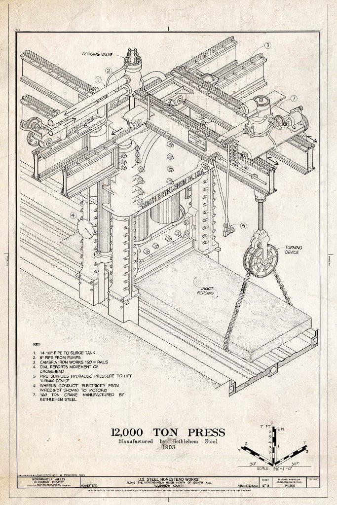 Blueprint 12,000 Ton Press, Manufactured by Bethlehem Steel, 1903 - U.S. Steel Homestead Works, Along Monongahela River, north of Eighth Avenue, Homestead, Allegheny County, PA