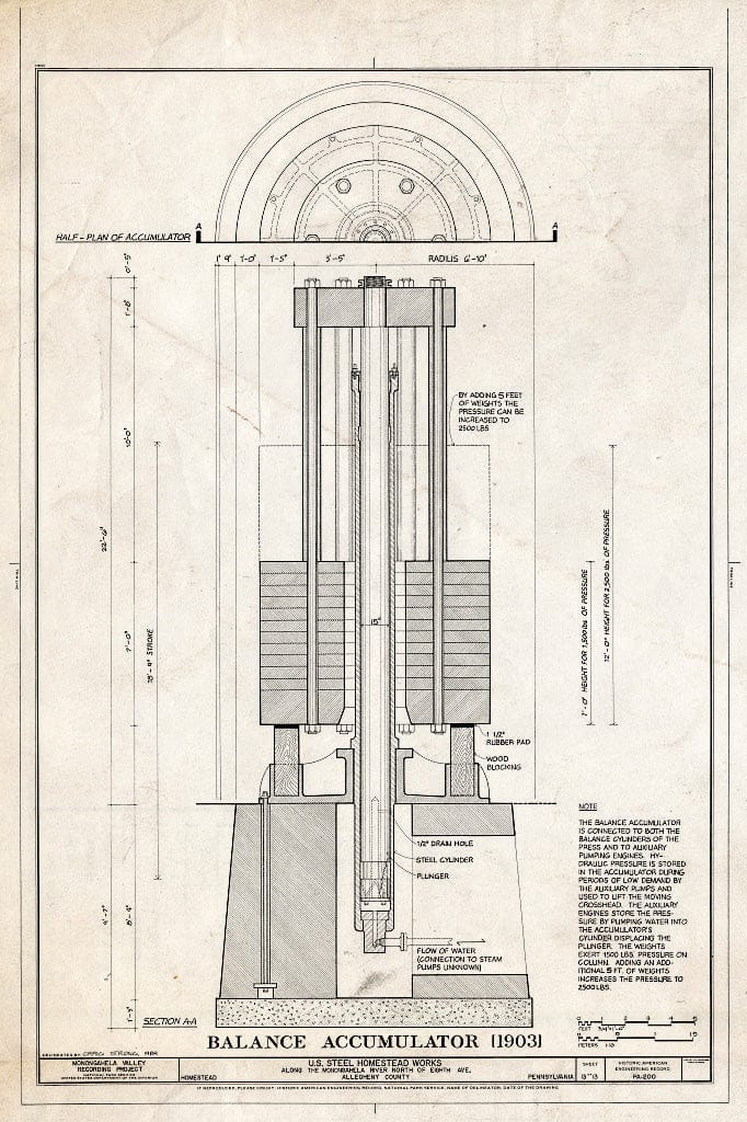 Blueprint Balance Accumulator (1903) - U.S. Steel Homestead Works, Along Monongahela River, North of Eighth Avenue, Homestead, Allegheny County, PA