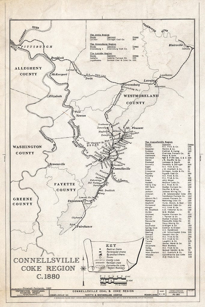 Blueprint Connellsville Coke Region c. 1880 - Connellsville Coal & Coke Region, Connellsville, Fayette County, PA