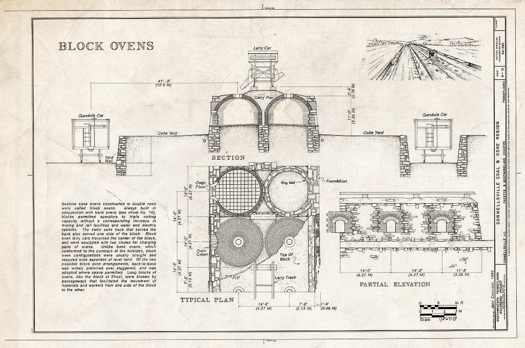 Blueprint Block Ovens: Typical Plan, Section, Partial Elevation - Connellsville Coal & Coke Region, Connellsville, Fayette County, PA