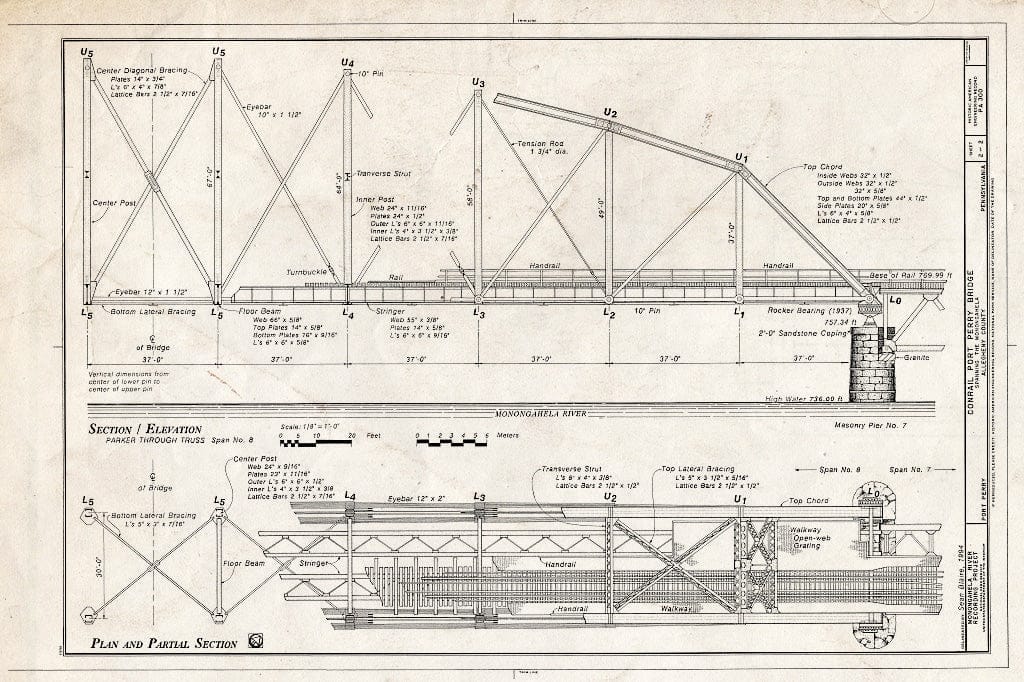 Blueprint 2. Section/Elevation, Plan and Partial Section - Conrail Port Perry Bridge, Spanning Monongahela River, Port Perry, Allegheny County, PA