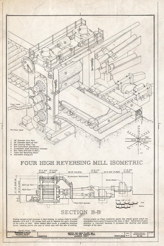 Blueprint Four High Reversing Mill Isometric, Section B-B - Mesta 160-Inch Plate Mill, Defense Plant Corporation, Homestead Works, Homestead, Allegheny County, PA