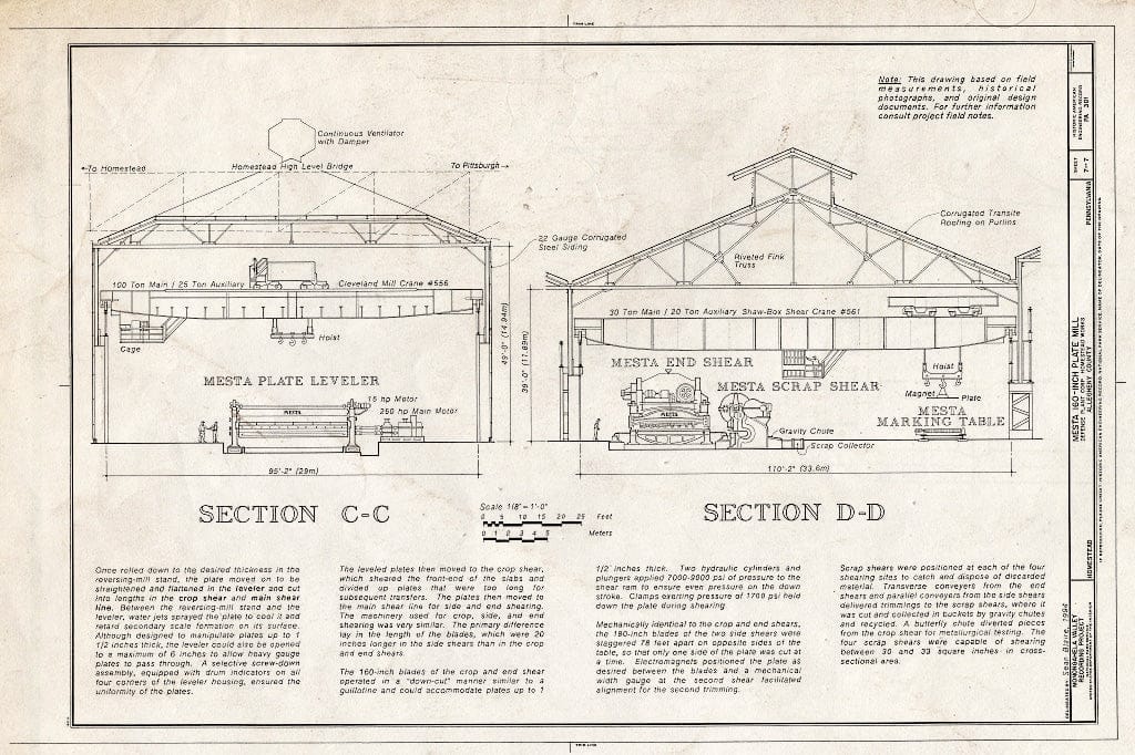 Blueprint Four High Reversing Mill, Section C-C and Section D-D - Mesta 160-Inch Plate Mill, Defense Plant Corporation, Homestead Works, Homestead, Allegheny County, PA