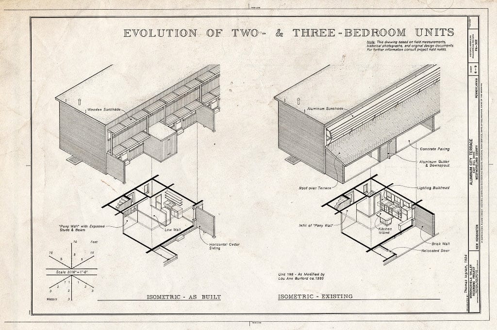 Blueprint Evolution of Two and Three Bedroom Units: Isometric (As Built), Isometric (Existing) - Aluminum City Terrace, East Hill Drive, New Kensington, Westmoreland County, PA