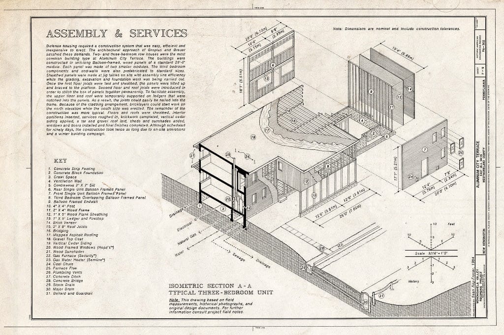 Blueprint Assembly and Services, Isometric Section A-A Typical Three-Bedroom Unit - Aluminum City Terrace, East Hill Drive, New Kensington, Westmoreland County, PA