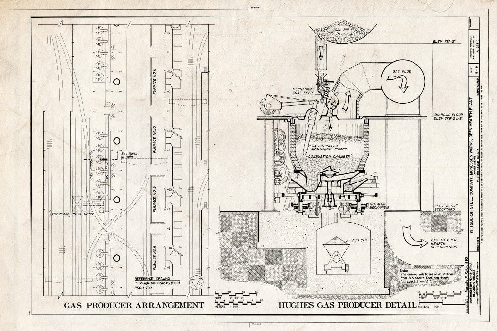 Blueprint Gas Producer Arrangement, Hughes Gas Producer Detail - Pittsburgh Steel Company, Monessen Works, Open Hearth Plant, Donner Avenue, Monessen, Westmoreland County, PA