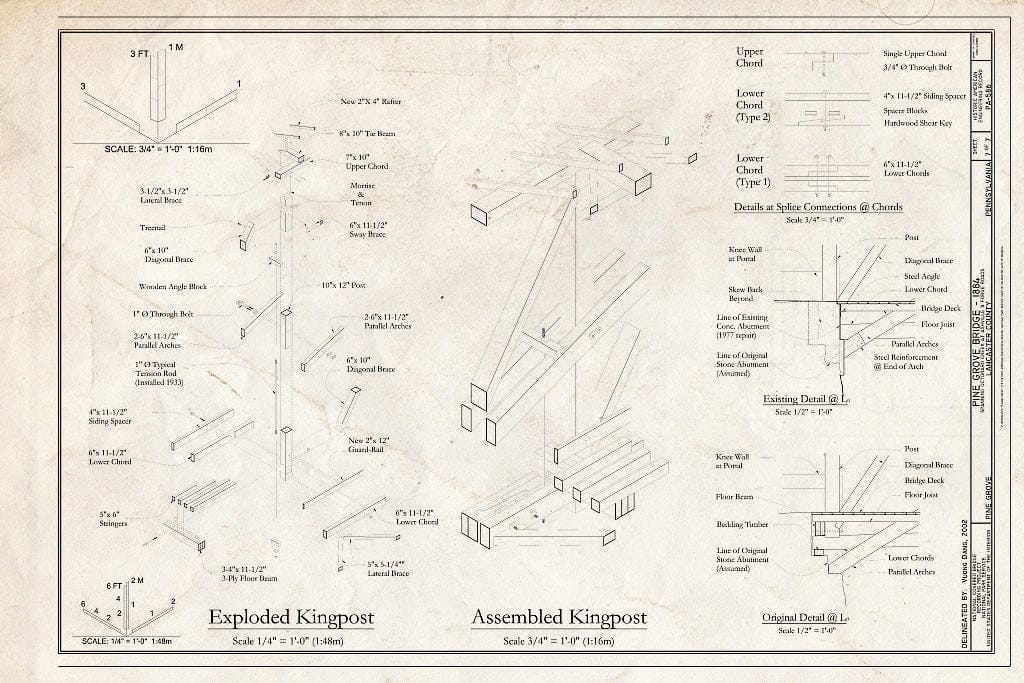 Blueprint Exploded Kingpost; Assembled Kingpost - Pine Grove Bridge, Spanning Octoraro Creek at Ashville & Forge Roads, Pine Grove, Lancaster County, PA