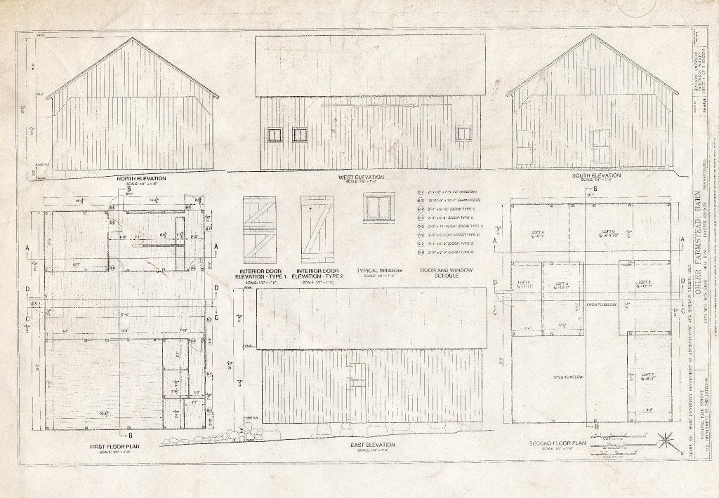 Blueprint Barn: East, West, North & South Elevations, First & Second Floor Plans - Ohler Farmstead, 1375 Mill Run Road, Mill Run, Fayette County, PA