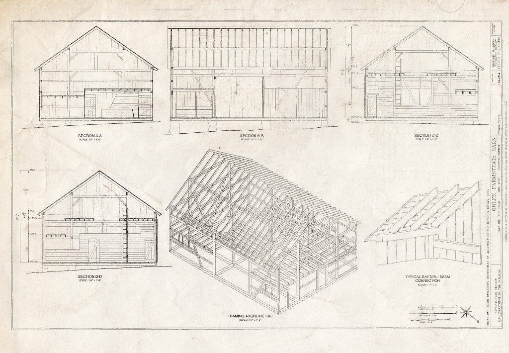 Blueprint Barn: Sections, Framing Axonometric - Ohler Farmstead, 1375 Mill Run Road, Mill Run, Fayette County, PA