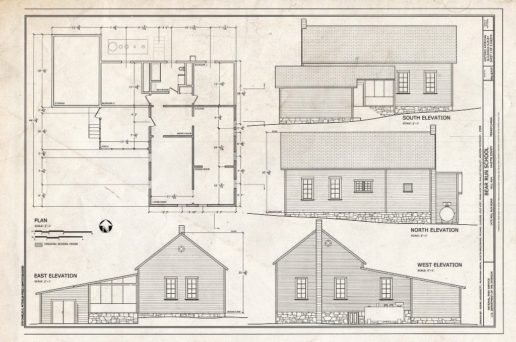 Blueprint Elevations and Plan - Bear Run School, 1475 Mill Run Road, Mill Run, Fayette County, PA