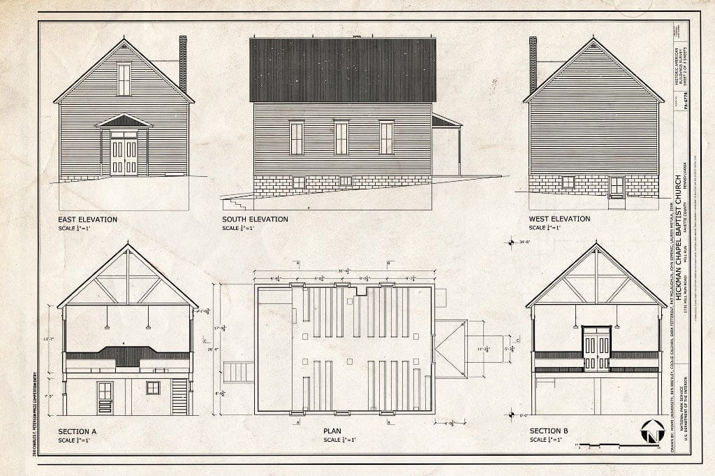 Blueprint Elevations, Plans, and Sections - Hickman Chapel Baptist Church, 1731 Mill Run Road, Mill Run, Fayette County, PA