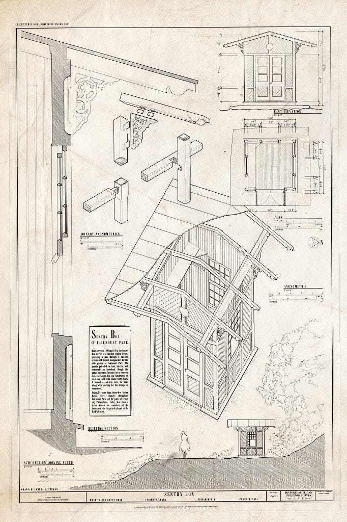 Blueprint Elevation, Plan, Section, Joinery axonometrics - Sentry Box, West Valley Green Road, Philadelphia, Philadelphia County, PA