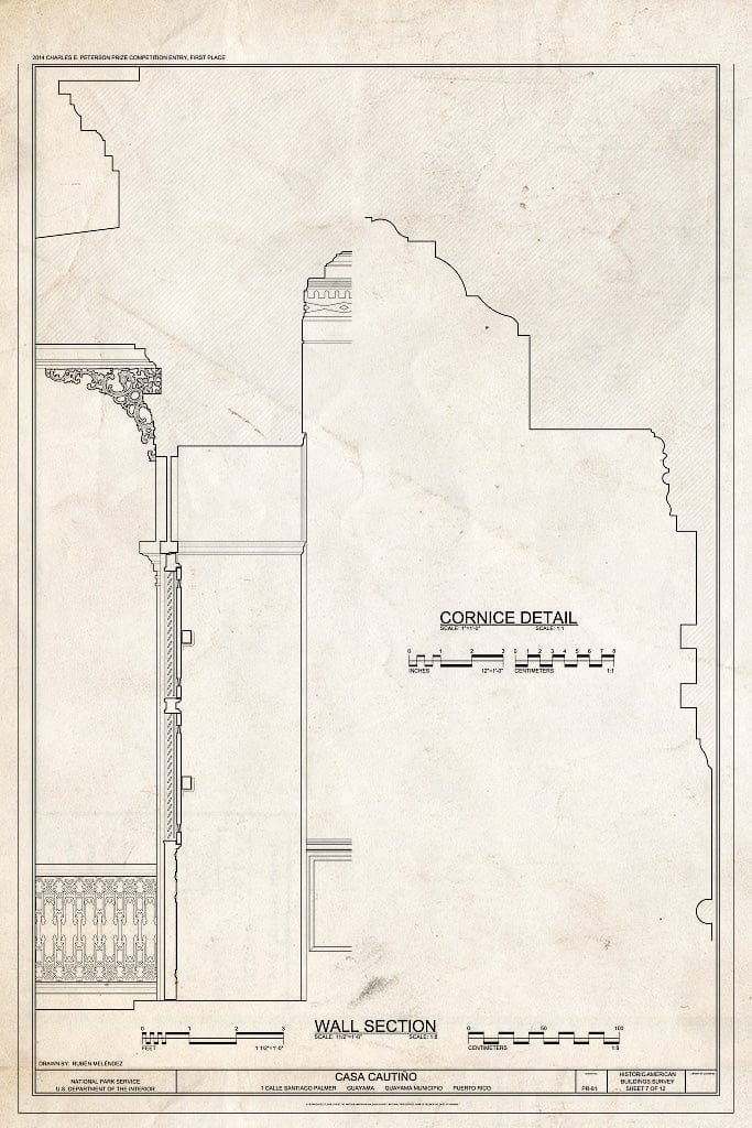 Blueprint Cornice Detail and Wall Section - Casa Cautino, 1 Calle Santiago Palmer, Guayama, Guayama Municipio, PR