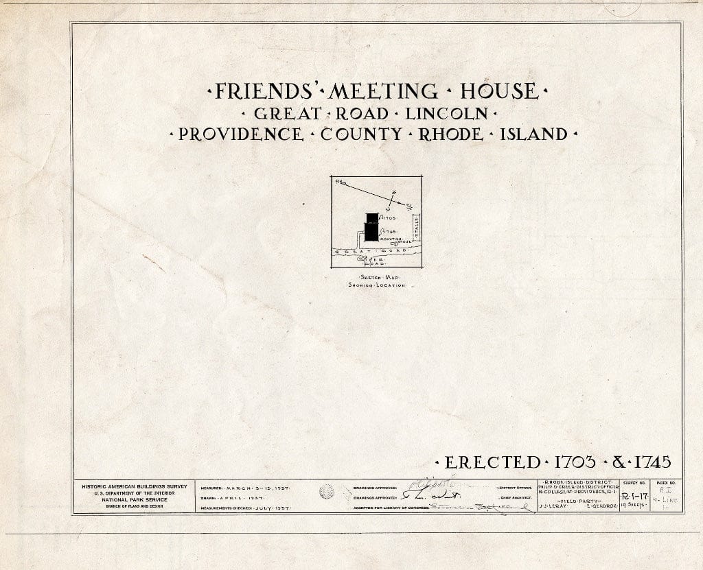 Blueprint 0. Cover Sheet - Friends Meetinghouse, Great Road, Saylesville, Providence County, RI