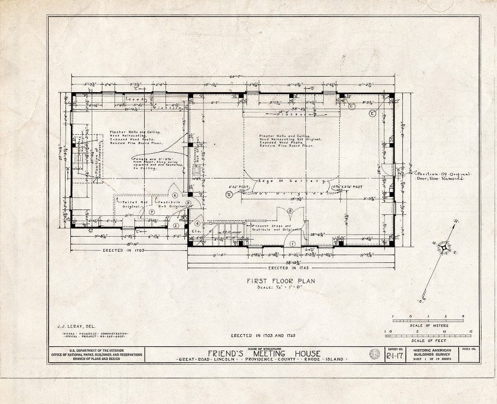 Blueprint 1. First Floor Plan - Friends Meetinghouse, Great Road, Saylesville, Providence County, RI