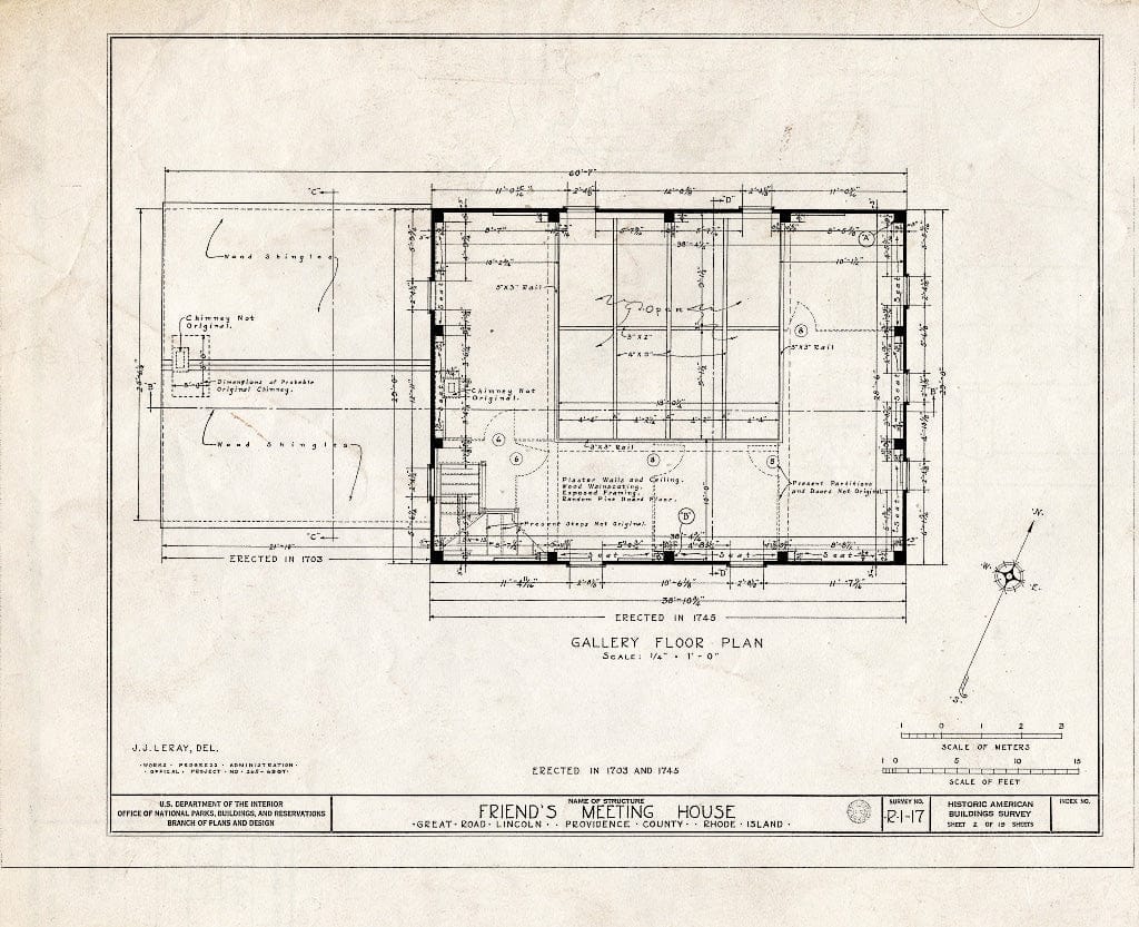 Blueprint 2. Gallery Floor Plan - Friends Meetinghouse, Great Road, Saylesville, Providence County, RI