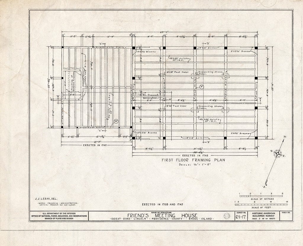 Blueprint 3. First Floor framing Plan - Friends Meetinghouse, Great Road, Saylesville, Providence County, RI